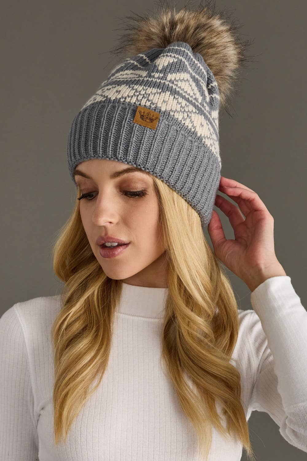 Lilly Gray & Cream Patterned Pom Hat