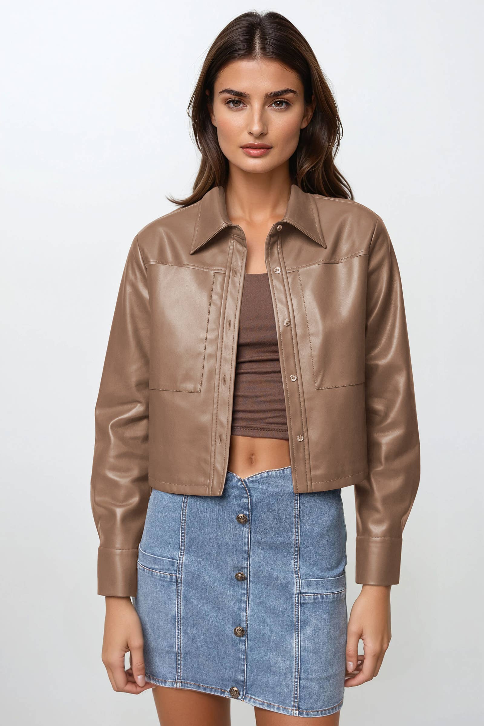 Mia Taupe Vegan Butter Leather Cropped Jacket