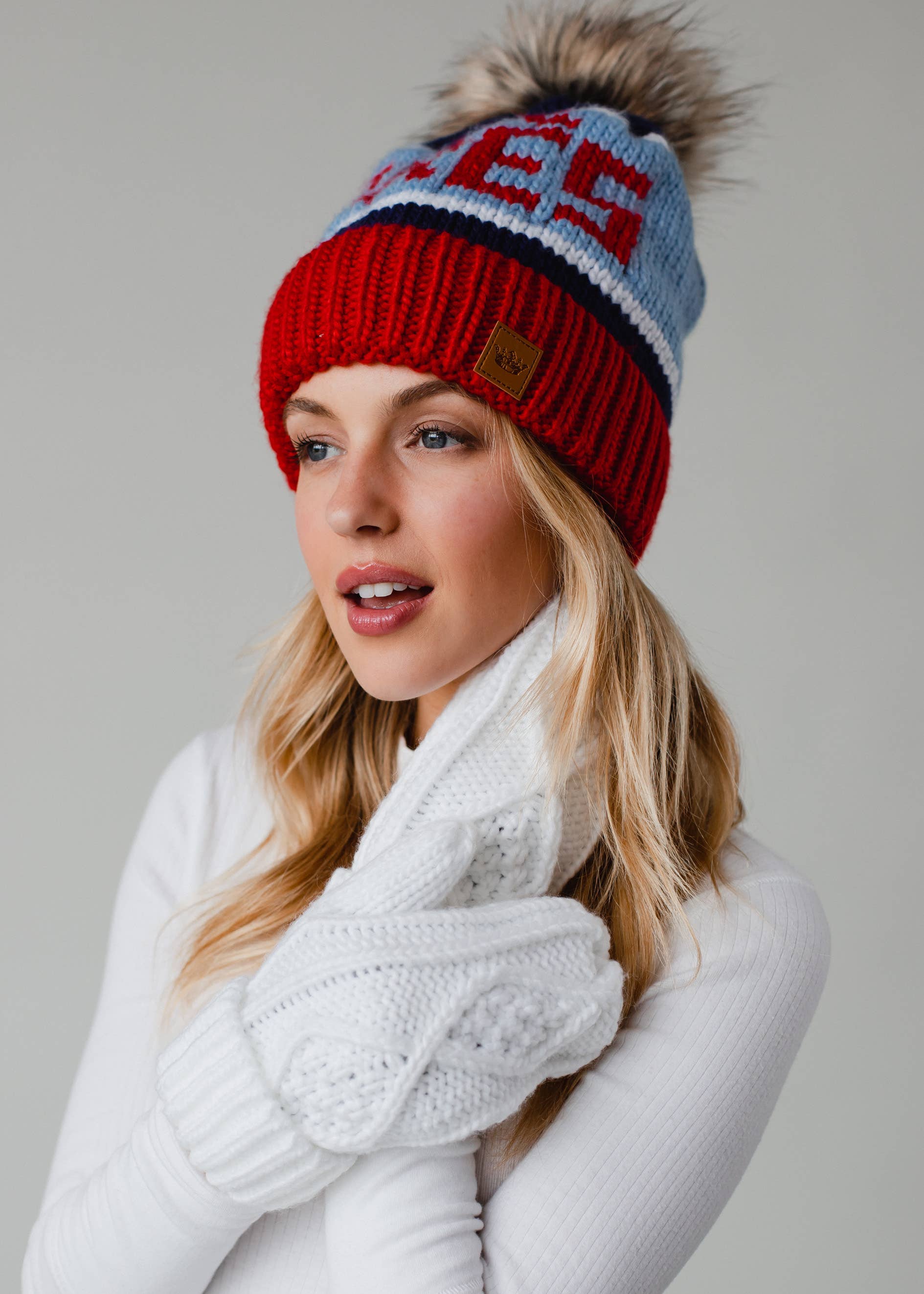 Livi Red, Lt. Blue & Navy Apres Pom Hat