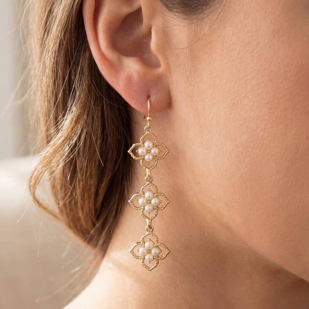 Roxanne Pearl Studded Multi Flower Chain Dangle Earrings