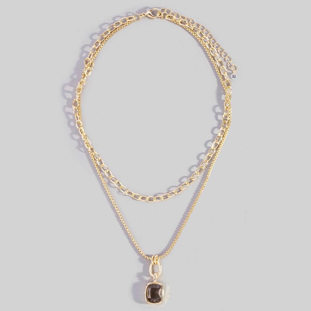 Rufus Double Layered Chain Crystal Square Pendant Necklace