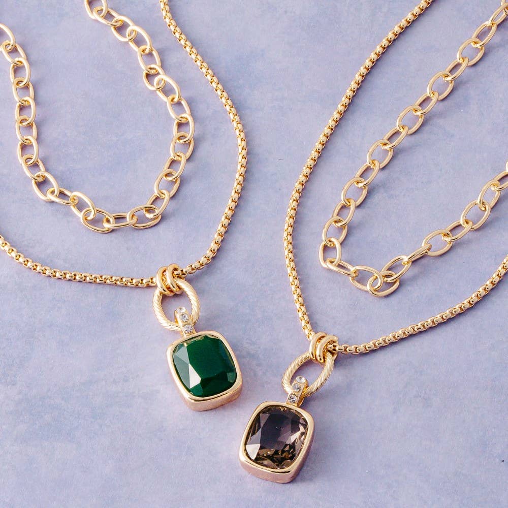 Rufus Double Layered Chain Crystal Square Pendant Necklace
