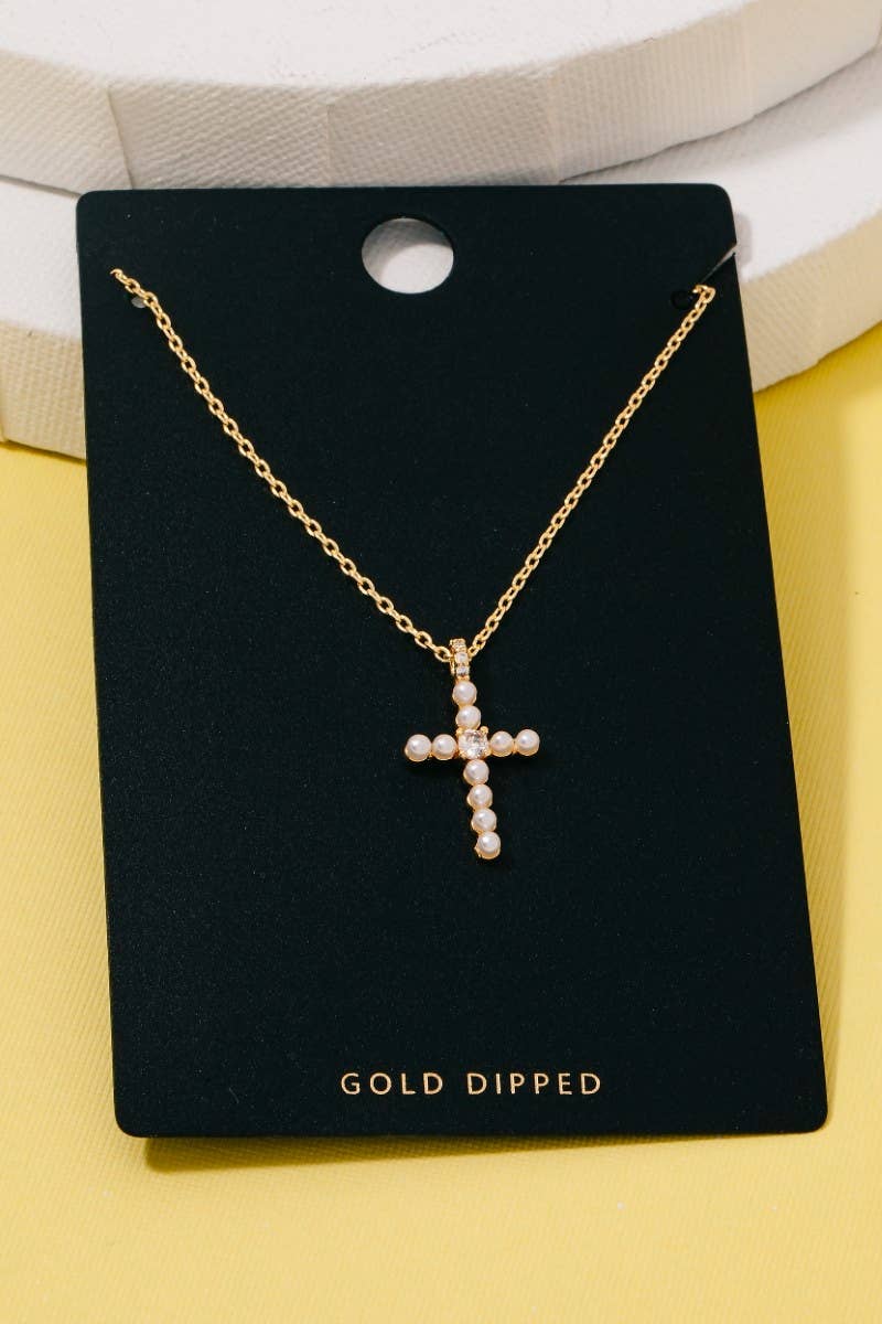 Alexa Gold Dipped Cz And Pearl Studded Cross Pendant Necklace