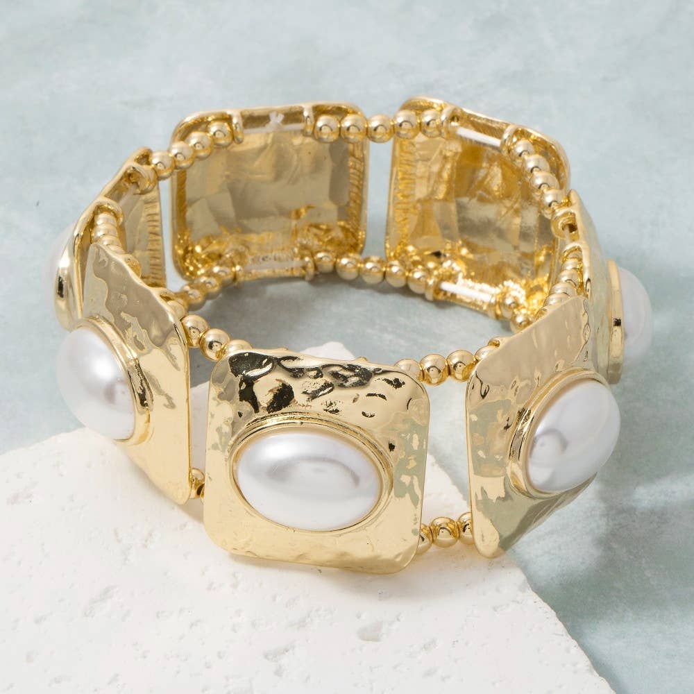 Anna Hammered Square & Pearl Stretch Bracelet PREORDER