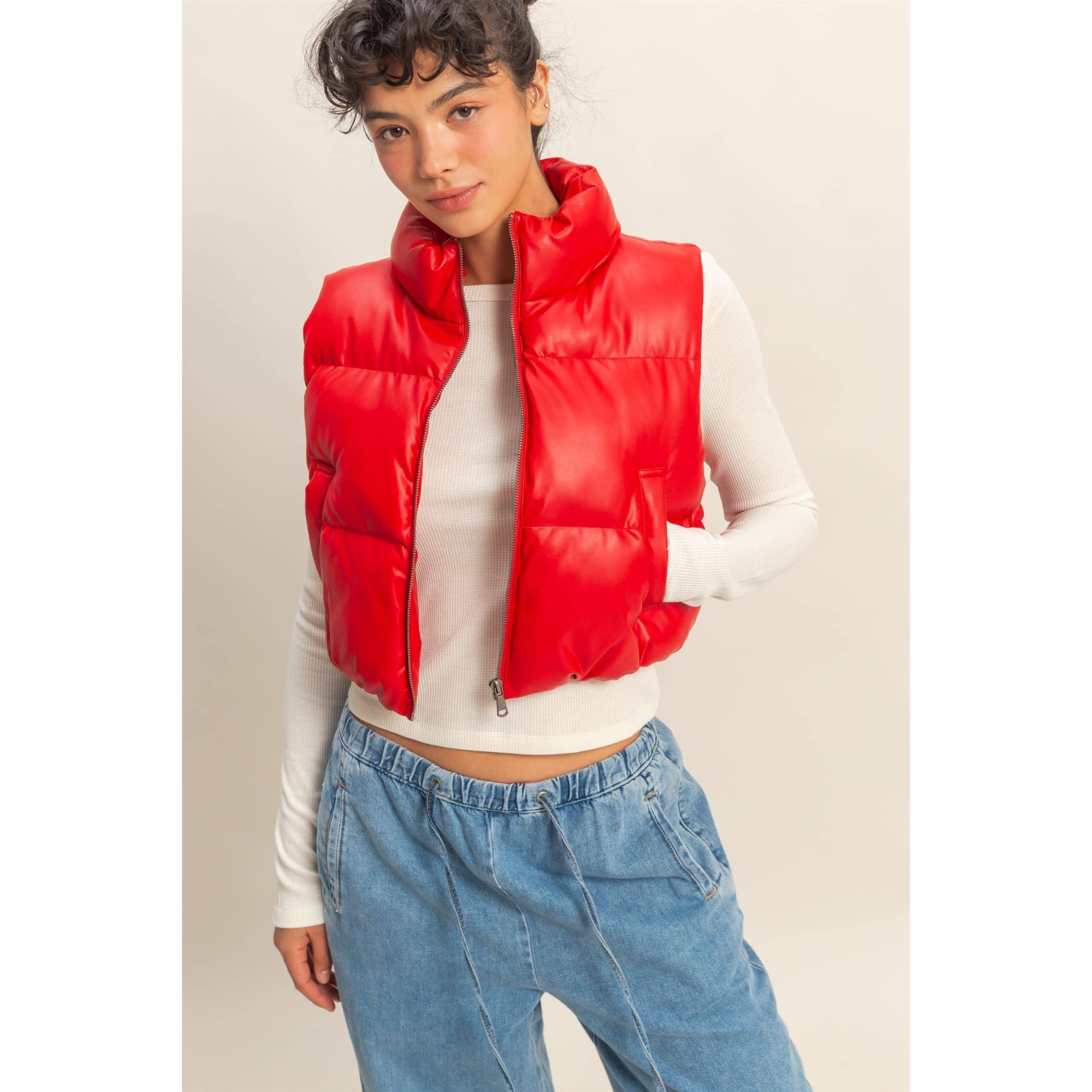 Hayden Faux Leather Cropped Puffer Vest