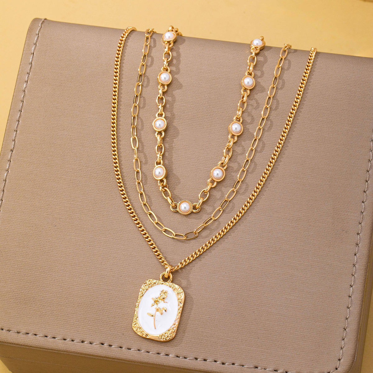 Chloe Layered Enamel Pearl & Rose Tag Pendant Necklace