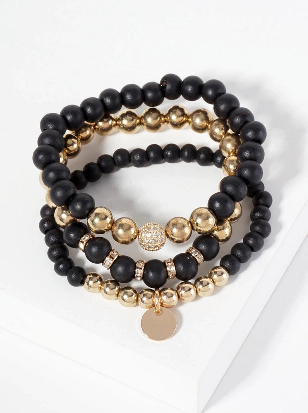 Yia Set Of 3 Wood And Metallic Bead Stackable Stretch Bracelet