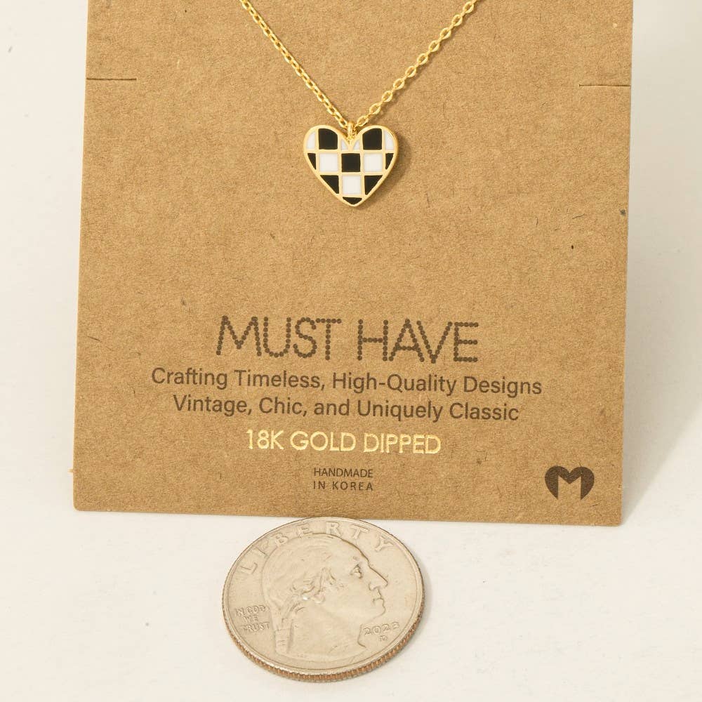 Appri Gold Dipped Epoxy Checkered Heart Pendant Necklace