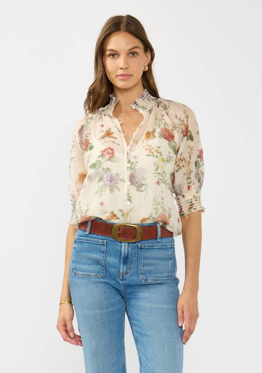 Farly Puff Sleeve Smocked Neck Button Down Top PREORDER