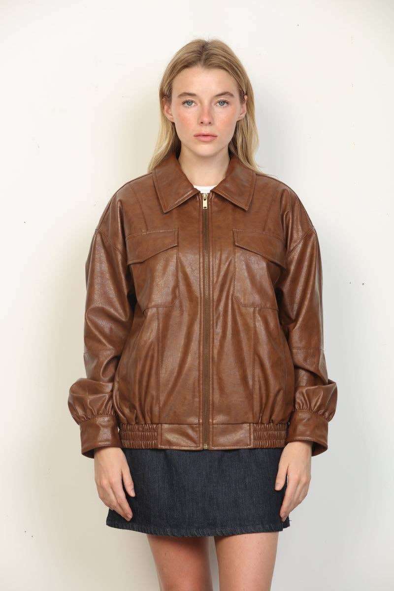Mia Textured Faux Leather Oversized Bomber