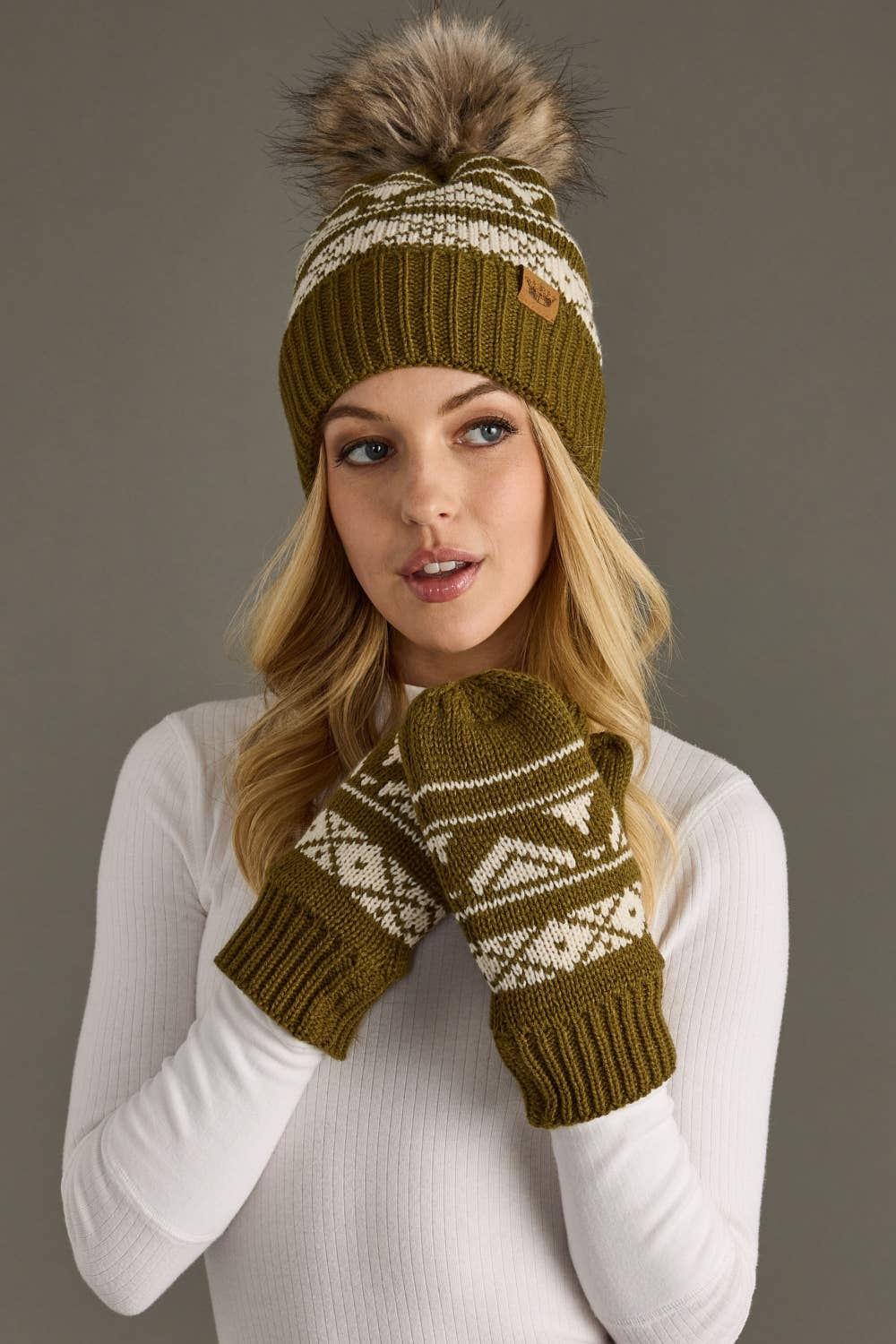 Loe Olive & Cream Patterned Pom Hat