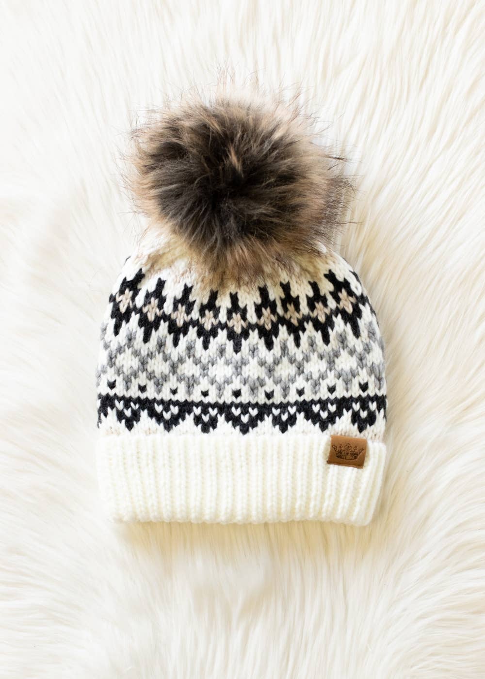 Wirly Ivory, Gray & Tan Winter Pattern Pom Hat