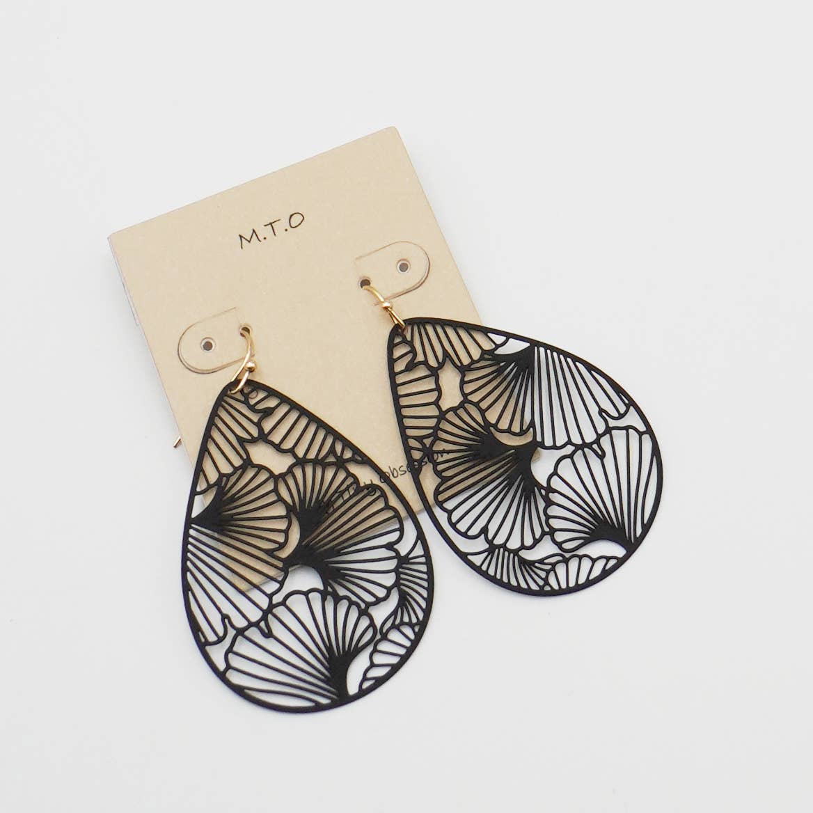 Dollie Black Teardrop Ginkgo Leaf Filigree Earrings