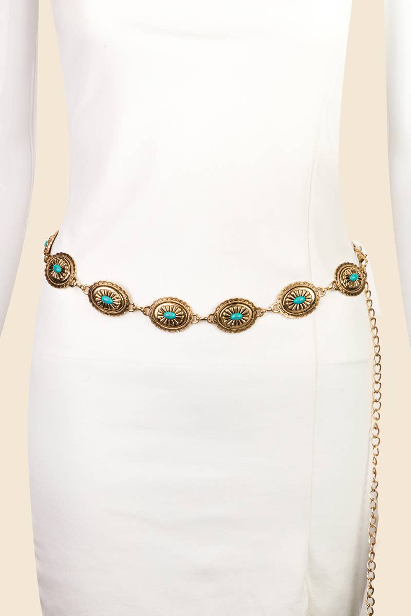 Vistan Oval Western Concho Turquoise Disc Concho Chain Belt