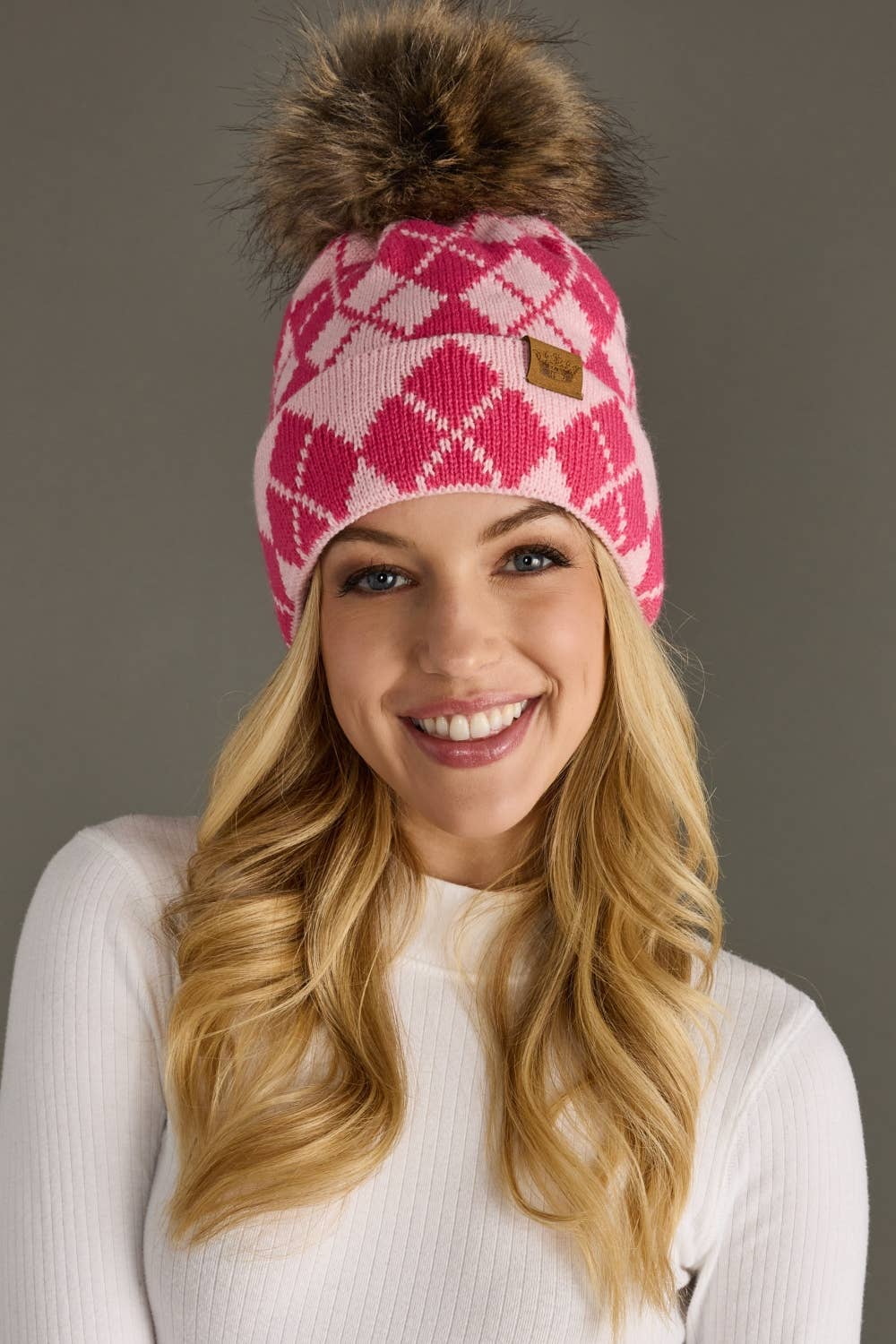 Bav Pink & Blush Argyle Pattern Pom Hat