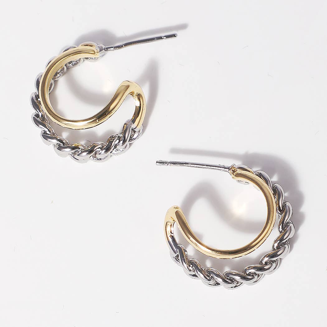 Dae Two-Tone Double Line Hoop 14k Plated Post Earrings