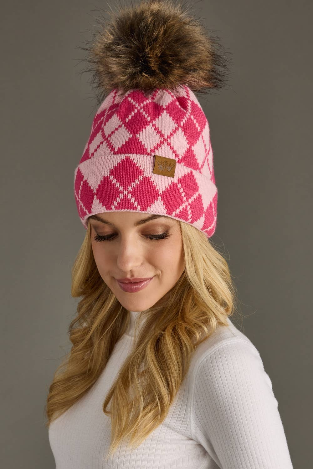 Bav Pink & Blush Argyle Pattern Pom Hat