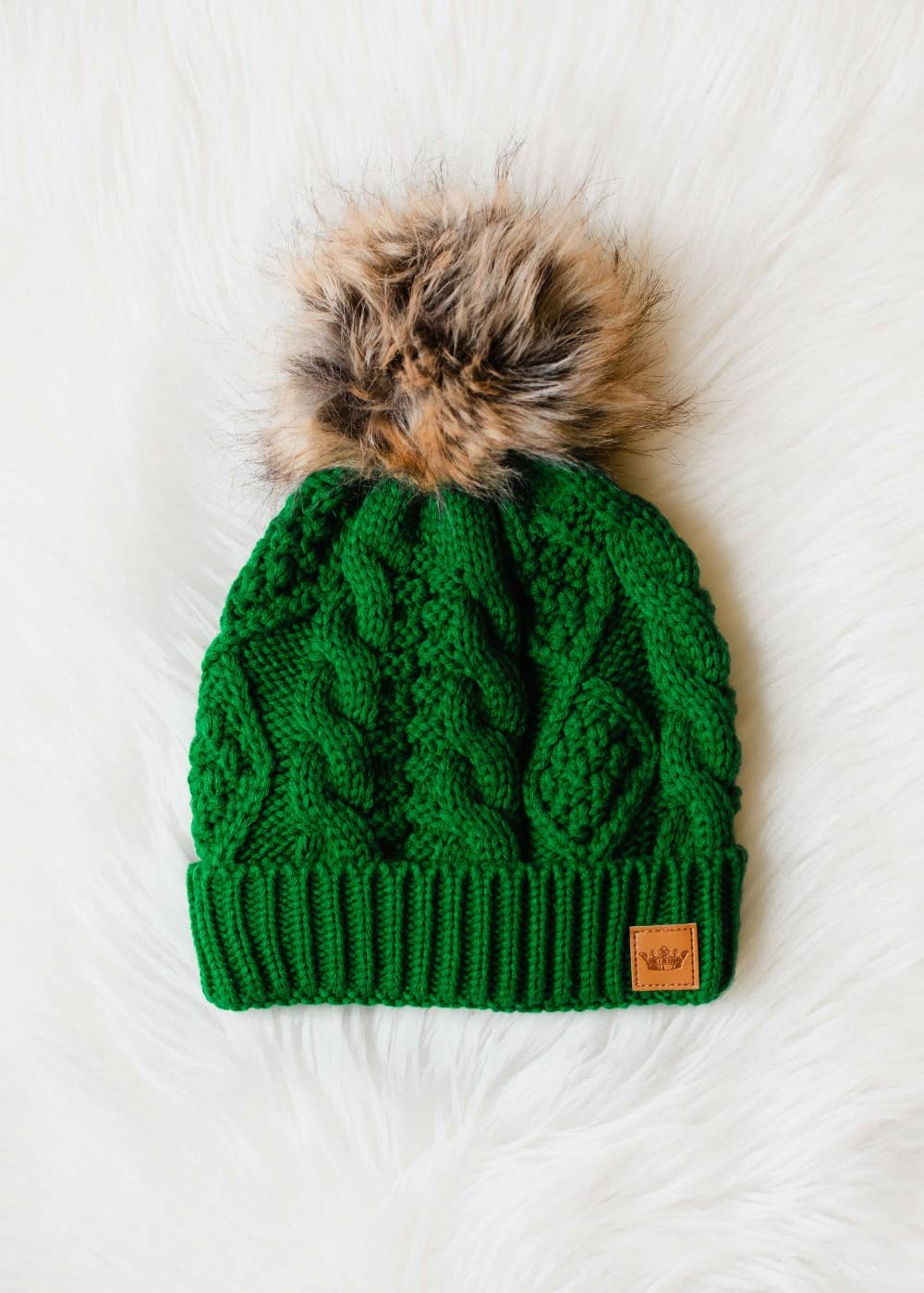 Luxi Classic Green Cable Knit Pom Hat