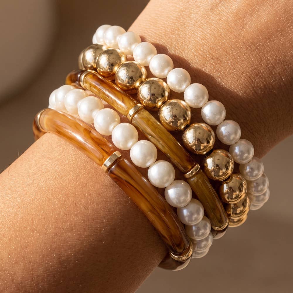 Stephanie Pearl And Bamboo Bead Stretch Bracelet Set