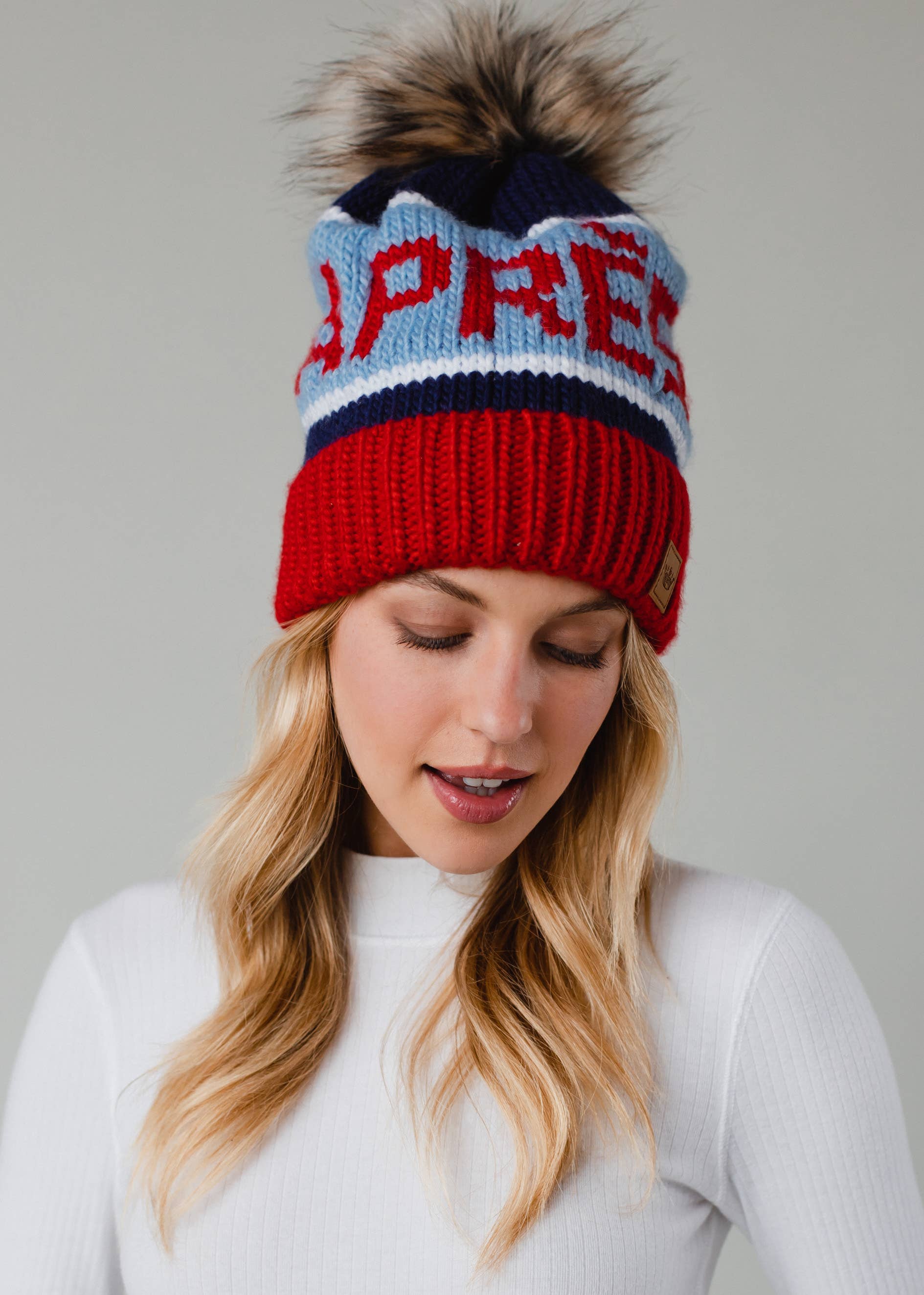 Livi Red, Lt. Blue & Navy Apres Pom Hat