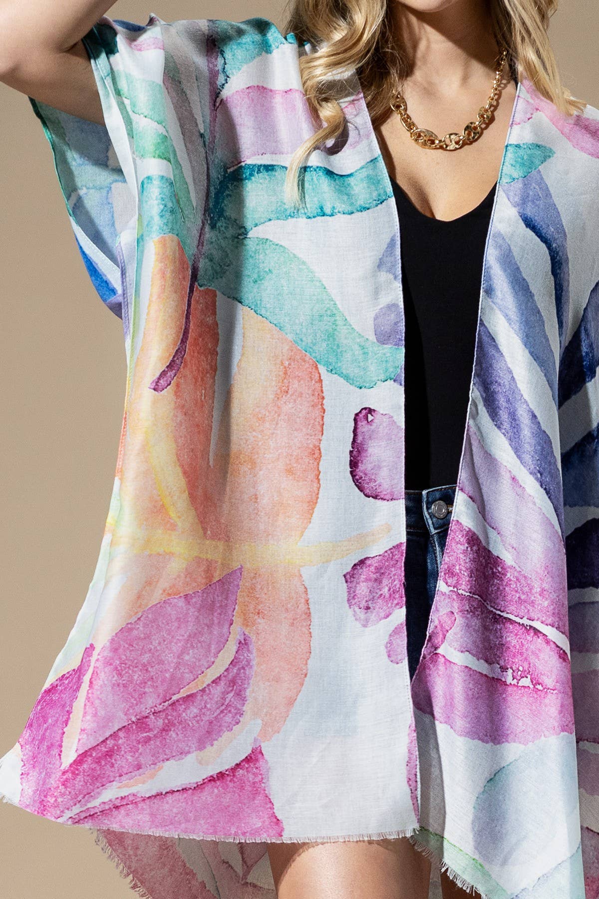 Hillary Watercolor Leaves Print Kimono
