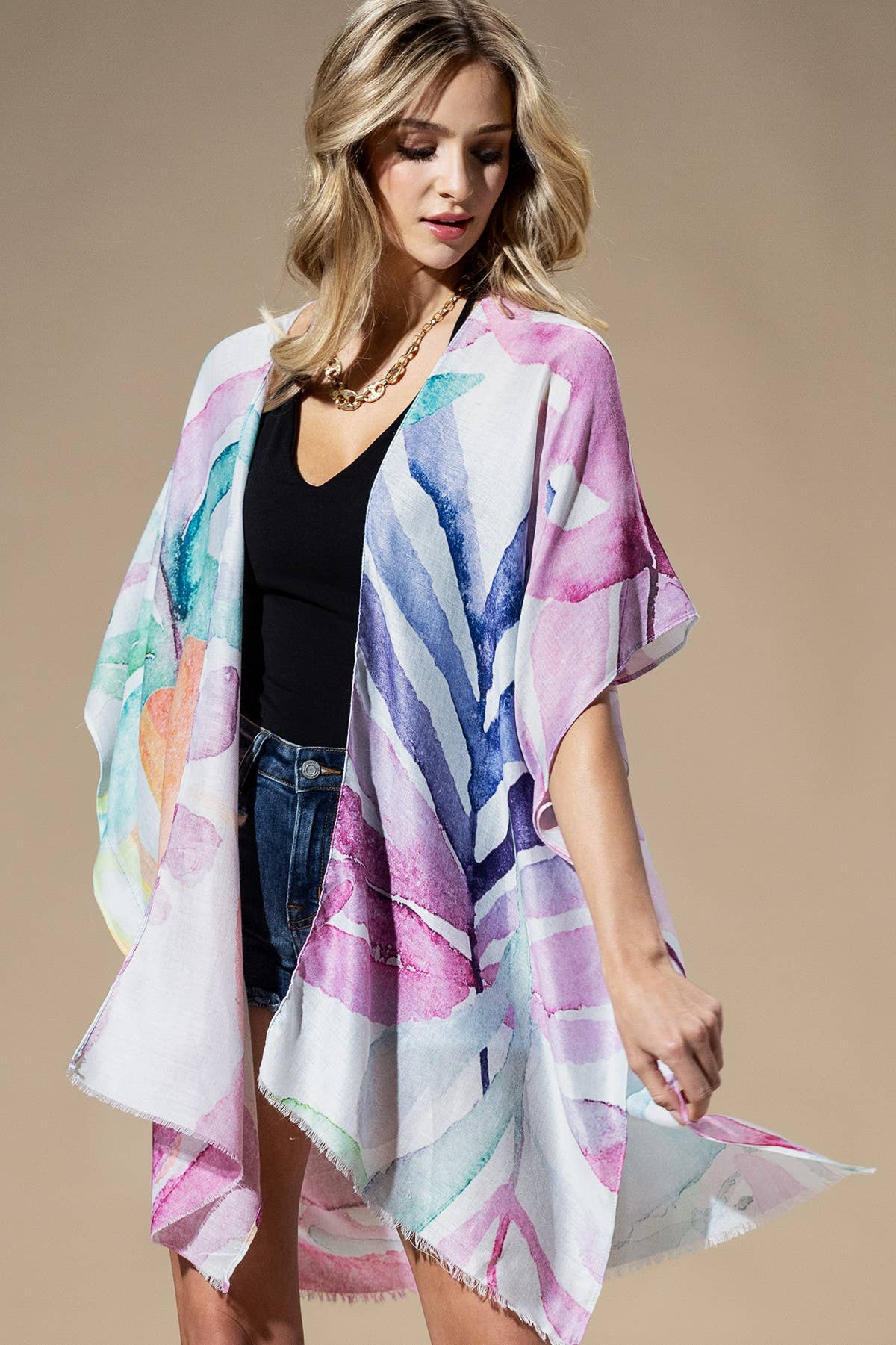 Hillary Watercolor Leaves Print Kimono