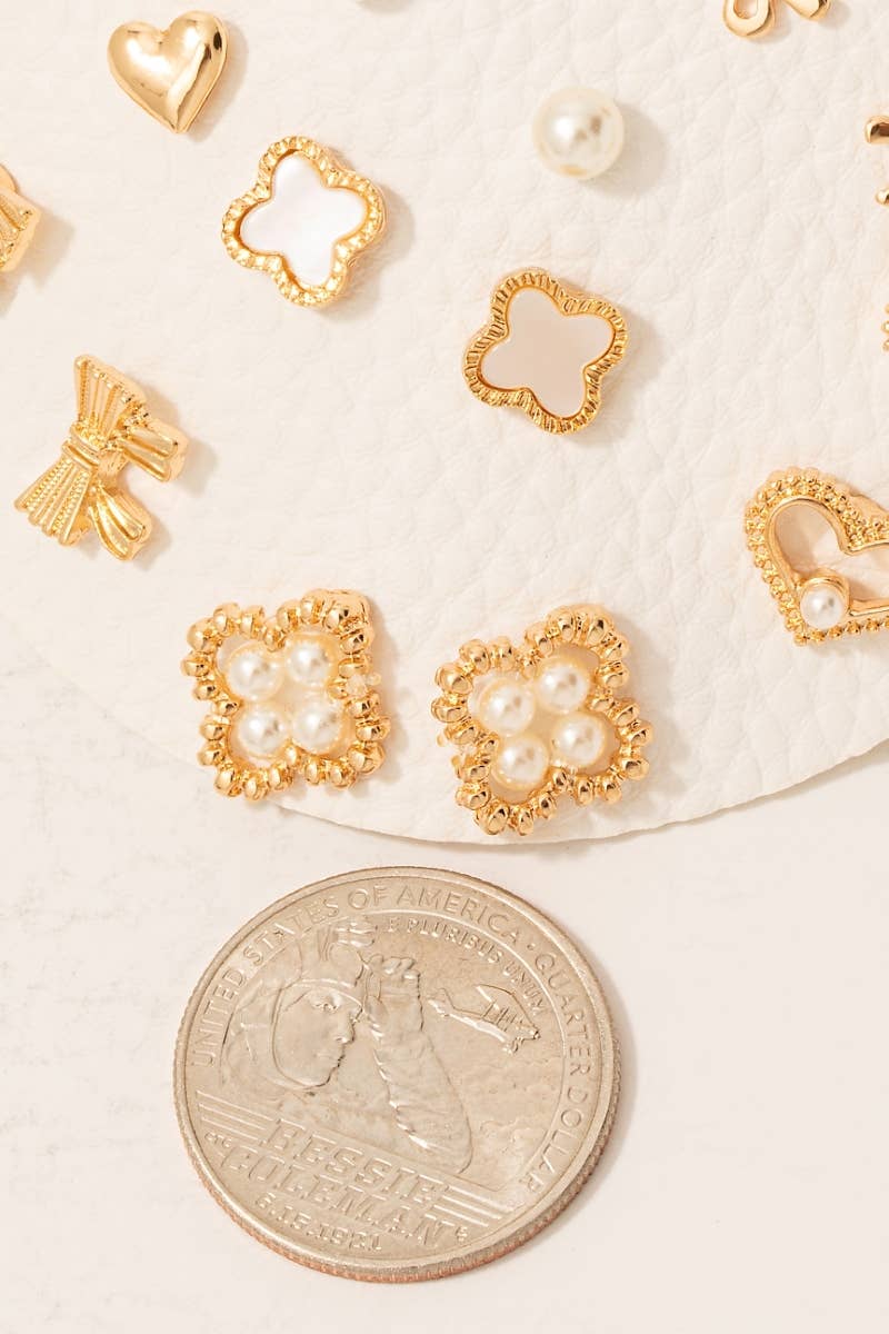 Ayton Mixed Ribbons And Pearl Clover Stud Earrings Set