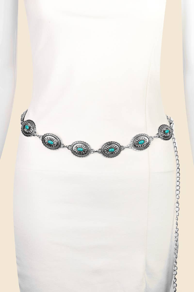 Vistan Oval Western Concho Turquoise Disc Concho Chain Belt