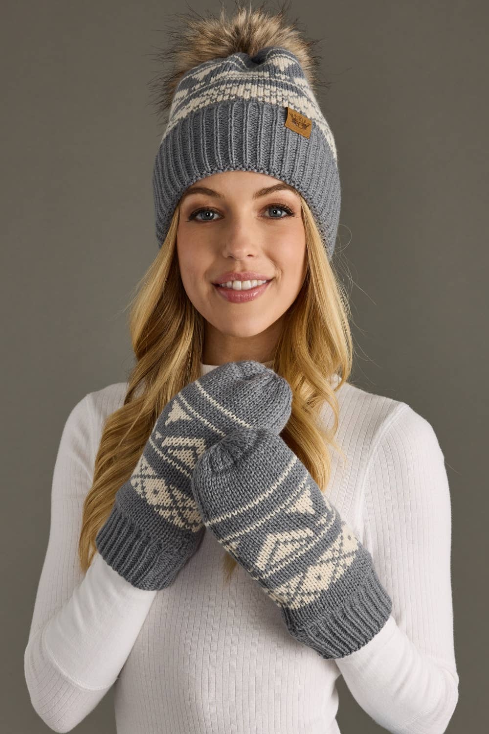 Lilly Gray & Cream Patterned Pom Hat
