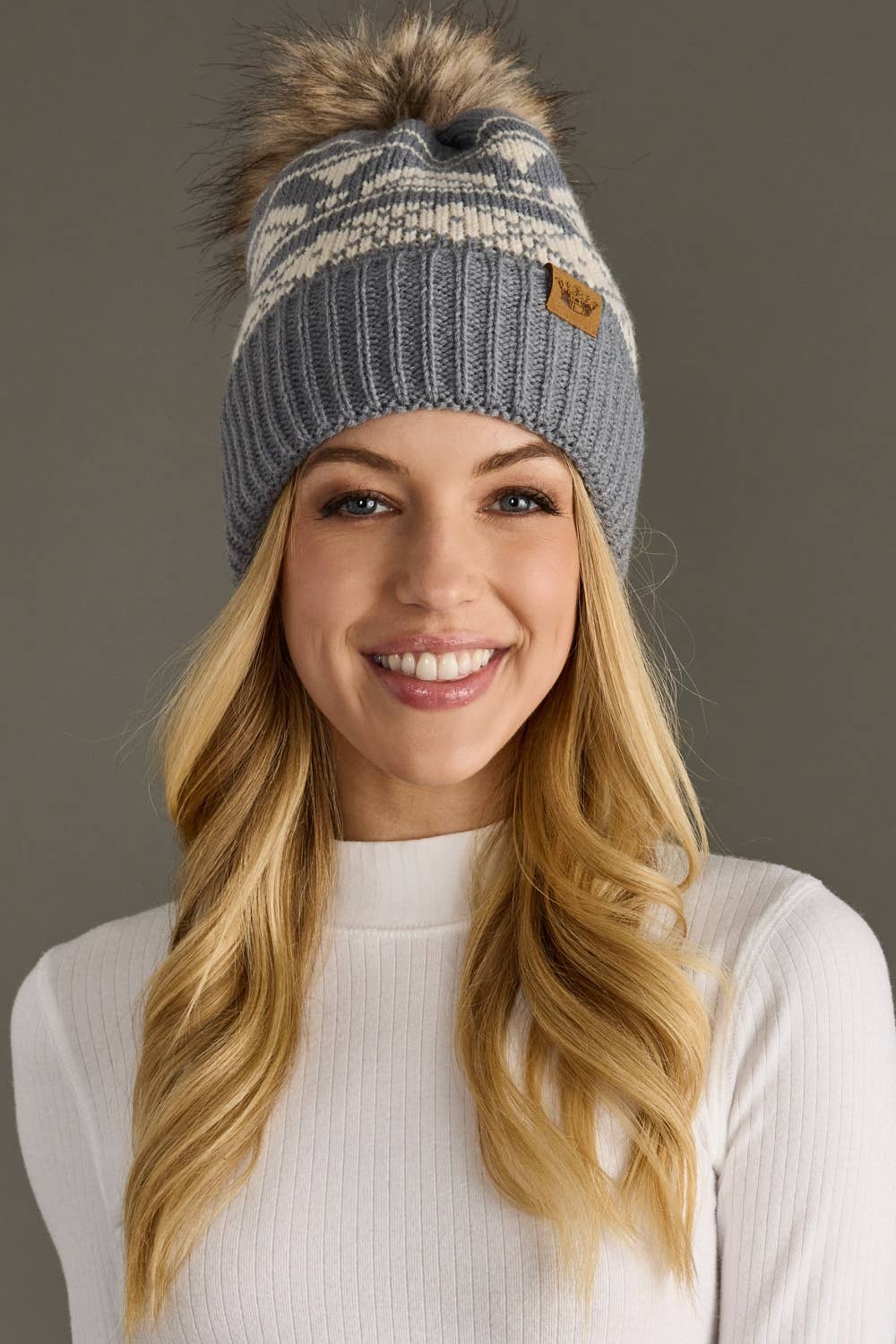 Lilly Gray & Cream Patterned Pom Hat